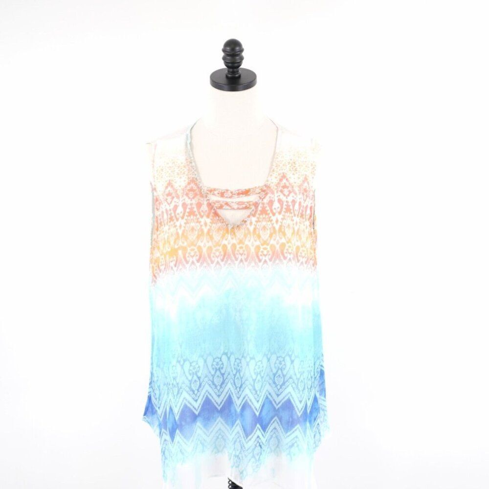 Hearts Of Palm Orange Blue Floral V-Neck Tunic Sleeveless Size 18 Sheer Polyeste